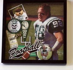 a collage of sports related items is displayed in a frame on the wall above a football player's head