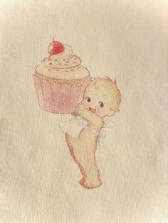 a drawing of a cupcake with a cherries on it and a teddy bear