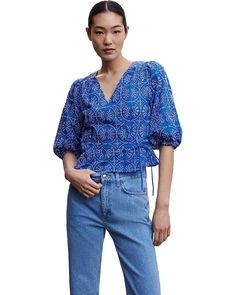 MANGO Zafi Blouse | Zappos.com Half Sleeve Blouse For Day Out, Trendy Half Sleeve Spring Blouse, Trendy Fitted Half Sleeve Blouse, Summer Tops With Blouson 3/4 Sleeves, Blue Trendy Top With 3/4 Sleeves, Chic Relaxed Fit Half Sleeve Blouse, Summer Blouse With 3/4 Blouson Sleeves, Summer Blouse With Blouson Sleeves And 3/4 Sleeve, Mango Blouse