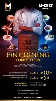 a flyer for a fine dining competition with an image of a chef in the background