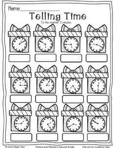 telling time worksheet with clocks and bows on the front, in black and white