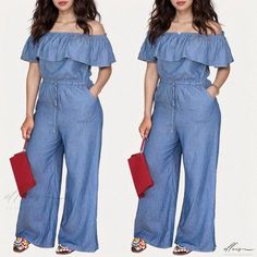 Elluis - Stylish Off-Shoulder Ruffle Jumpsuit featuring Denim Pants Strapless High Waist Jumpsuit For Spring, Casual Strapless Jumpsuit With Pockets For Summer, Casual Strapless High Waist Jumpsuit For Spring, Strapless Wide Leg Jumpsuit With Pockets For Summer, Casual Cotton Strapless Jumpsuit For Summer, Chic Denim Blue Strapless Jumpsuit For Spring, Spring Denim Blue High Waist Strapless Jumpsuit, Spring Strapless Wide Leg Jumpsuit With Pockets, Summer Strapless Wide Leg Jumpsuit With Pockets