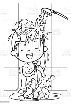 a girl washing her hair in the shower with soap and water coloring page for kids