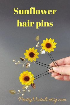 the sunflower hair pins are yellow and have flowers attached to them, with text overlay