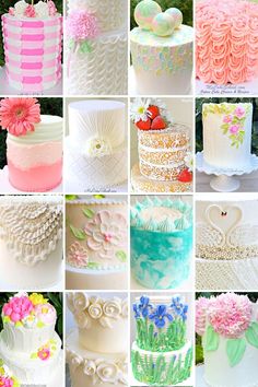 many different types of cakes with flowers and leaves on each one cake is decorated in pastel colors