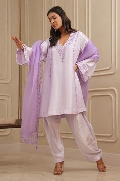 Lilac short flared kurta with floral thread and sequins embroidery. Paired with solid salwar and embroidered dupatta. - Aza Fashions Red Kurta, Sequin Short, Short Kurta, Embroidered Dupatta, Dupion Silk, Embroidery Floral, Sequin Shorts, Embroidered Shorts, Sequins Embroidery