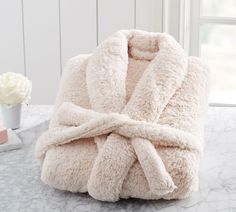 Teddy Bear Robe | Pottery Barn Bear Slippers, Faux Fur Slippers, Accessories Decor, Pottery Barn Teen, Sleepwear Robe, Blush Color, Fur Trim, Furniture Accessories, Pottery Barn