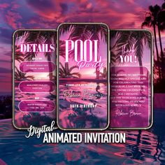 the pool party flyer is shown in three different colors and sizes, with palm trees behind it