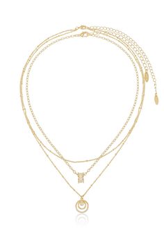 Materials18k Gold Plated, Brass, Cubic Zirconia Length 16" - 21" and a 3" - 5" extender chain Closure Clasp Multi Ring, Double Chain Necklace, Layered Necklace Set, Necklace Chain Lengths, Crystal Chain, Double Chain, School Fits, Clear Crystals, Layered Necklace