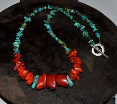 Red Coral and Turquoise Necklace    Every piece of jewelry I make is made with specific meaning. In this piece I chose to use red coral Handmade Turquoise And Red Coral Necklace As Gift, Handmade Turquoise Necklace With Red Coral For Gift, Red Southwestern Turquoise Necklace For Gift, Southwestern Style Red Necklace For Gift, Red Coral Jewellery, Red Coral Necklace, Necklace Mens, Coral Pendant, Necklace Red