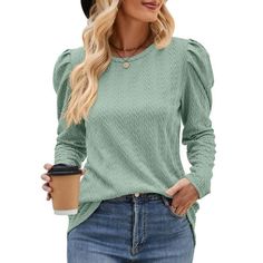 TEMOFON Shirts for Women Crewneck Casual Puff Long Sleeve Shirts Tunic Blouses Fall Tops. This blouses for women use skin-friendly soft fabric comfortable to wear. Womens shirt features crewneck, long puff sleeve, pullover, tunic tops, solid color sweatshirts, loose fit style. Womens tops is classic and casual to daily wear, it is a basic dressy blouses to add to your wardrobe in fall and winter. Crewneck sweatshirt women with jeans makes you look more cute and fashion. Fashion Clothing Match Th Casual Non-stretch Blouse With Lantern Sleeves, Casual Solid Color Blouse With Lantern Sleeves, Casual Solid-color Blouse With Lantern Sleeves, Casual Blouse With Lantern Sleeves, Trendy Solid Color Tops With Lantern Sleeves, Trendy Tops With Lantern Sleeves In Solid Color, Trendy Lantern Sleeve Tops In Solid Color, Trendy Lantern Sleeve Top, Casual Puff Sleeve Blouse In Solid Color