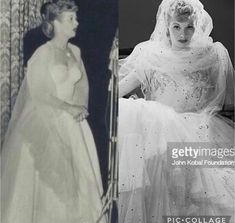 an old black and white photo of two women in wedding gowns, one wearing a veil