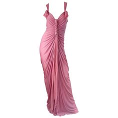 Brand new with original $3,295 Saks 5th Avenue price tag DONNA KARAN Fall 2005 pink / rose 1930s style Grecian gown ! Features braided knots at each shoulder and down the front center. Simply slips over the head and stretches to fit. Soft silk / rayon blend semi sheer fabric. In great unworn condition Made in Italy Marked Size Medium Measurements: ( has stretch ) 34-36 inch bust 30-32 inch waist Up to 50 inch hips 79 inches from top back shoulder seam to hem Elegant Draped Pink Dress, Elegant Pink Draped Evening Dress, Pink Draped Fitted Gown, Luxury Vintage Pink Maxi Dress, Luxury Pink Draped Maxi Dress, Grecian Gown, Chic Closet, 30s Style, Dress Png