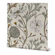 a floral wallpaper with white flowers and green leaves on a beige background canvas print