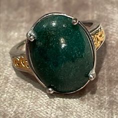 Genuine Green Aventurine Gemstone Ring Size 9 18 Kt Yellow Gold Plated Accents Platinum Plated Band 14 Karats New Aventurine Gemstone Ring Jewelry, Silver Emerald Jewelry With Oval Cabochon, Aventurine Ring, Marcasite Ring, Moss Agate Ring, Eternity Band Ring, Silver Band Ring, Rings Simple, 925 Jewelry