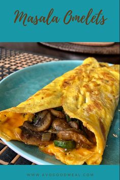 an omelet on a plate with mushrooms and peppers