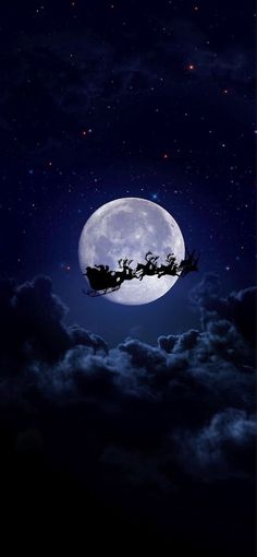 santa's sleigh flying in the sky at night with full moon and stars