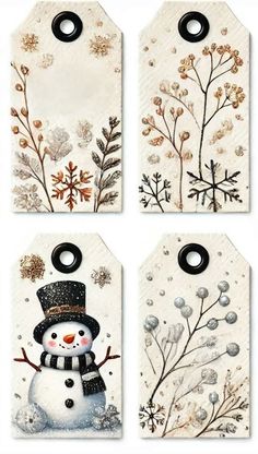 four tags with snowmen and plants on them