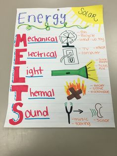 a piece of paper with writing on it that says, energy sound mechanical electrical light thermal sound