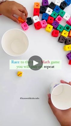 two hands are holding cups with letters on them and the words race to the math game you will know how to repeat