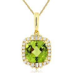 Royal 14K Yellow Gold Peridot and Diamond Pendant - 2.05 Carat Peridot, 0.18 Carat Diamonds Luxury Yellow Gold Peridot Jewelry, Fine Jewelry Lime Green Diamond, Fine Jewelry With Lime Green Diamond, Formal Peridot Gemstone Necklaces, Exquisite Green Jewelry With Pave Setting, Formal Fine Jewelry With Peridot, Fine Jewelry Peridot For Formal Occasion, Luxury Peridot Jewelry For Formal Occasions, Elegant Lime Green Diamond Jewelry