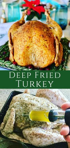 deep fried turkey with olive oil and seasoning being drizzled on it