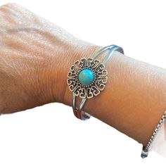 Antiqued Silver Tone Cuff Bracelet. Beautiful Boho Style Bracelet With Faux Turquoise Center. Bracelet Slips On And Can Be Adjusted. Width Is Approx 2.5 In A Beauty! Nwot! Blue Nickel-free Bangle Cuff Bracelet, Adjustable Nickel-free Blue Cuff Bracelet, Bohemian Blue Sterling Silver Bangle, Boho Style Bracelets, Turquoise Bracelet Cuff, Turquoise Cuff, Silver Turquoise, Blue And Silver, Womens Jewelry Bracelets