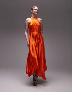 Topshop halter hanky hem printed maxi dress in orange | ASOS Orange Bridesmaids Dress, Orange Trends, Cocktail Dress Formal, Hanky Hem, Long Sleeve Floral Dress, Orange Fashion, Satin Slip Dress, Hoodies For Sale, Charlotte Tilbury