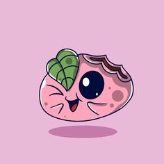 a pink cartoon character with a green leaf on its head, smiling and looking at the camera