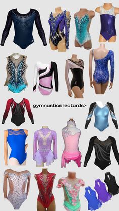 many different types of gymnastics leotards are shown in this image with the names and colors