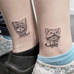 two small tattoos on the legs of people with cats and kittens tattooed on them