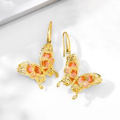 Ross-Simons - Italian Pink, Orange Enamel Butterfly Drop Earrings Over Sterling. Fluttery and fancy-free, these lovely butterfly drop earrings show off a striking mix of pink and orange enamel in textured and polished 18kt yellow gold over sterling silver. Hanging length is 2". Made in Italy. Earwire, enamel butterfly drop earrings. Spring Gold Jewelry With Butterfly Charm, Pink Butterfly Jewelry For Summer, Elegant Spring Jewelry With Butterfly Charm, Elegant Spring Butterfly Jewelry, Elegant Pink Earrings With Butterfly Charm, Elegant Pink Butterfly Charm Earrings, Pink Butterfly Charm Drop Earrings, Pink Drop Earrings With Butterfly Charm, Pink Butterfly Charm Earrings