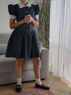 Vintage navy polka dot mini dress. 80's drop waist blue short dress with white collar. Fits like a S. Measurements lying flat: Bust: 16,5" / 42 cm Length: 35" / 89 cm Very good condition. Blue Short Dress, Dress With White Collar, Polka Dot Mini Dress, Blue Dress Short, 80s Dress, Drop Waist, White Collar, Dress Clothes For Women, Short Dress