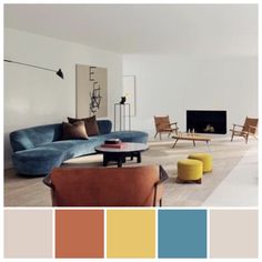 a living room filled with furniture and lots of color swatches on the walls in different shades