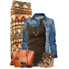 Tribal Print Maxi, created by tufootballmom on Polyvore Vetements Shoes, Blue Jean Jacket, Brunch Outfit, 가을 패션, Blue Jean