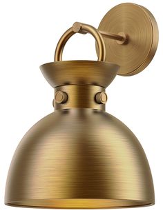 an antique brass finish wall light with a round metal shade on the front and side