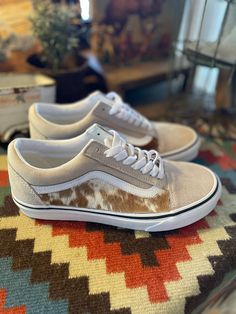 We have had so much fun putting these Old Skool Vans together with the added cowhide. You choose the color shoe + color cowhide!! Custom made just for you!!  Wear them with everything! Durable suede and canvas uppers. Cute Western Shoes Women, Country Shoes Women, Cowhide Boots Outfit, Western Tennis Shoes, Cute Western Shoes, Western Vans, Nfr Rodeo, Cowgirl Things, Cowgirl Shoes