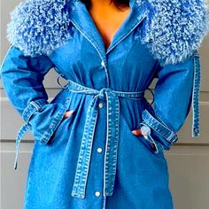 Loragal. Denim, Faux Fur, Trench Coat. Us Size: Xl Sleeve Length: 25” P2p: 18” Total Length: 53” Features: Removable Faux Fur Collar Side Pockets 4-Metal Button Front Closure Embellished Straps On Shoulders And Wrists Belted Waist Fabric: 74% Cotton, 16% Viscose, 10% Polyester Mongolian Faux Fur Belted Denim Blue Outerwear For Fall, Collared Blue Denim Outerwear, Blue Collared Denim Outerwear, Blue Denim Collared Outerwear, Medium Wash Collared Outerwear For Winter, Blue Belted Denim Outerwear, Belted Blue Denim Outerwear, Collared Denim Blue Outerwear, Belted Denim Blue Denim Outerwear