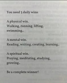 an open book with the words you need 3 daily wins, a physical win, walking, running, lifting, swimming