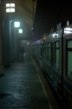 the train is stopped at the station in the dark