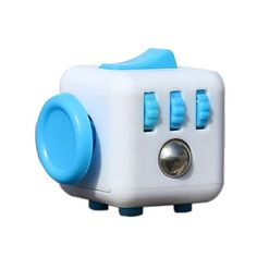 a small white and blue toy with buttons on it's front end, sitting against a white background