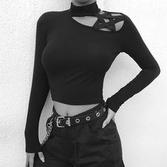 Hollow Out Pentagram Turtleneck Crop Top Long Sleeve Goth Long Sleeve, Crop Tops Black, Short Sleeve Turtleneck, Egirl Fashion, Gothic Tops, Crop Top Long Sleeve, Turtle Neck Crop Top, Spring T Shirts, Crop Top Long