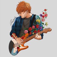 a drawing of a man with flowers on his guitar and holding it in one hand