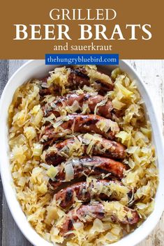 grilled brats with sauerkraut in a white bowl