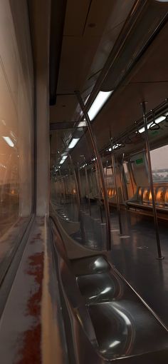 an empty subway car with no passengers on it's rails and the sun shining through the windows