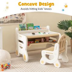 a child's desk and chair with the words concave design avoid hitting kids'knees