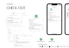 two iphones showing the check out screen, and an app with icons on them