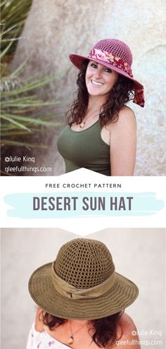 a woman wearing a hat with the words desert sun hat on it and an image of a