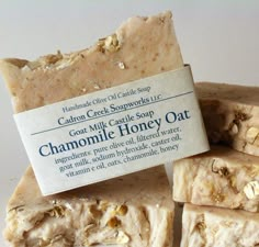 soap bar with chamomile honey oat label sitting on top of it