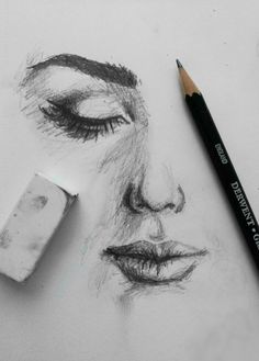 a pencil drawing of a woman's face with her eyes closed and makeup brush next to it